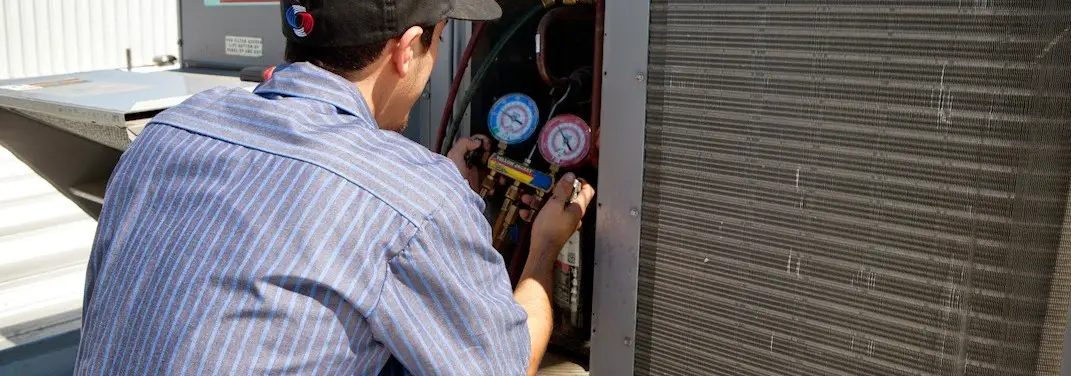 HVAC technician servicing a condenser unit in DeWitt